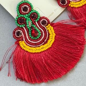 VIOLA Earrings Red Tassels Fringe Rhinestones Beaded Bohemian Festival Post